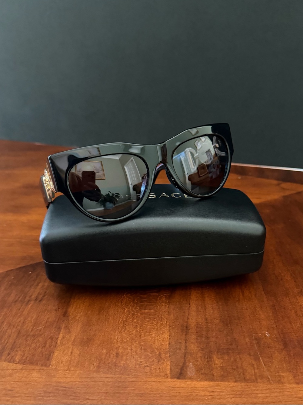 Versace Black Cat-Eye Sunglasses with Gold Medusa Temple